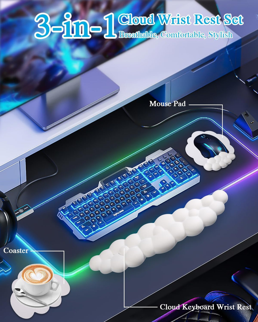Wolke Handballenauflage Tastatur, Ergonomisch Wolke Mousepad Handgelenkstütze, mit Memory-Schaum, Ni
