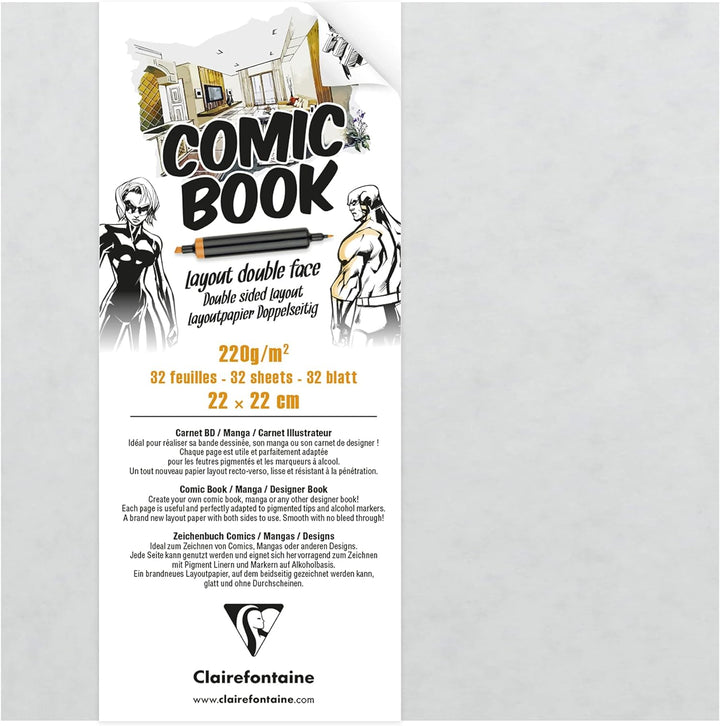 Clairefontaine 975198C Zeichenbuch mit doppelseitigem Layoutpapier, 220g, 22 x 22cm, ideal für Comic
