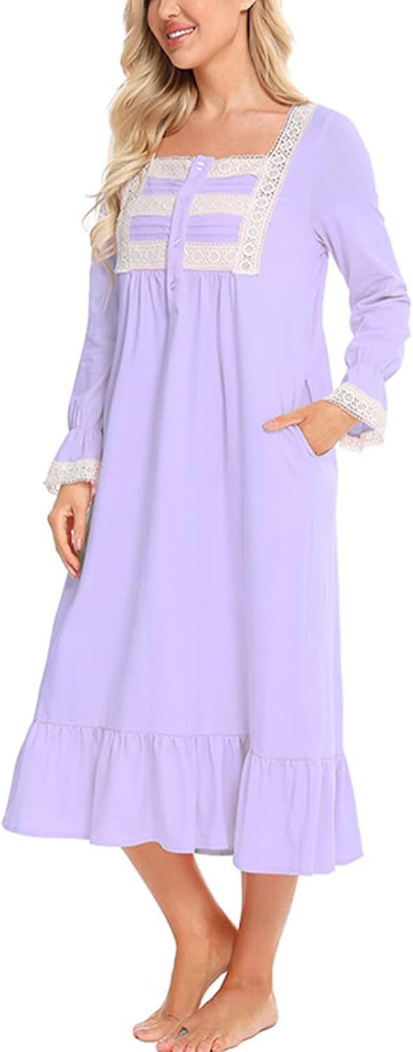 aromm Damen Weich Nachthemd Knopfleiste Viktorianisch Lange Ärmel Stillen Pyjama XXL Violett, XXL Vi