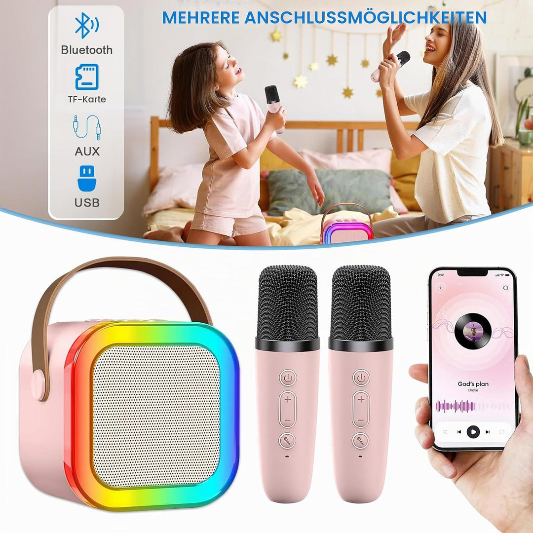 Mini Karaoke Maschine mit 2 Drahtlosen Mikrofonen, Karaoke Maschine Kinder, tragbarer Bluetooth-Laut