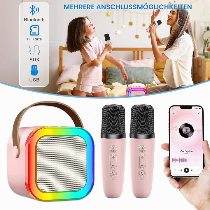 Mini Karaoke Maschine mit 2 Drahtlosen Mikrofonen, Karaoke Maschine Kinder, tragbarer Bluetooth-Laut