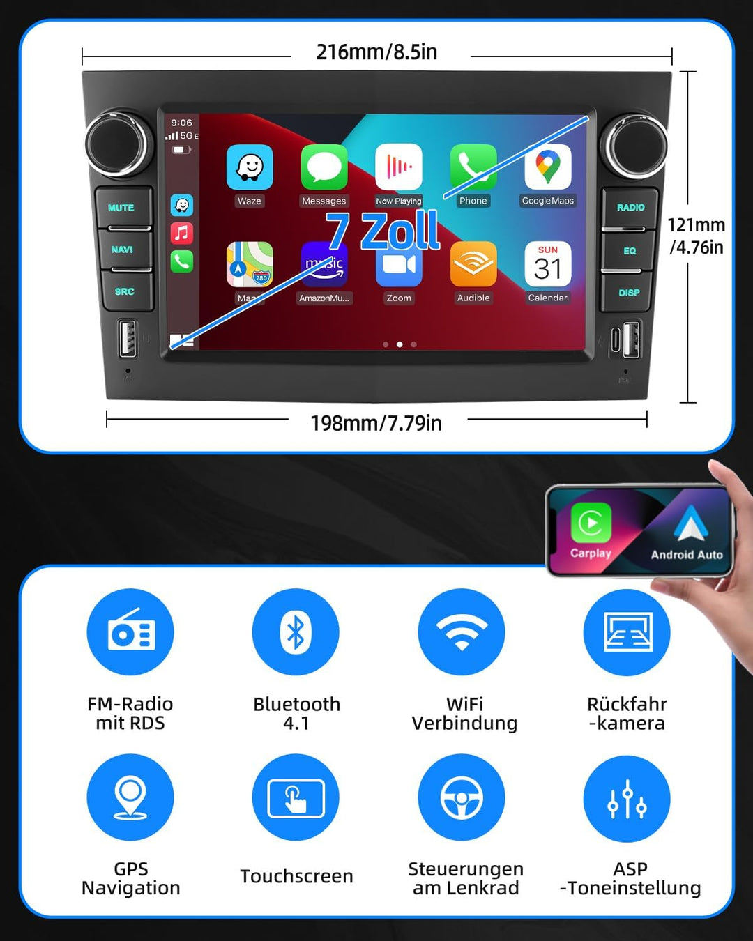 ESSGOO 4+64G Wireless Autoradio Android 14 mit Carplay und Android Auto Für Opel Corsa C/D Zafira B