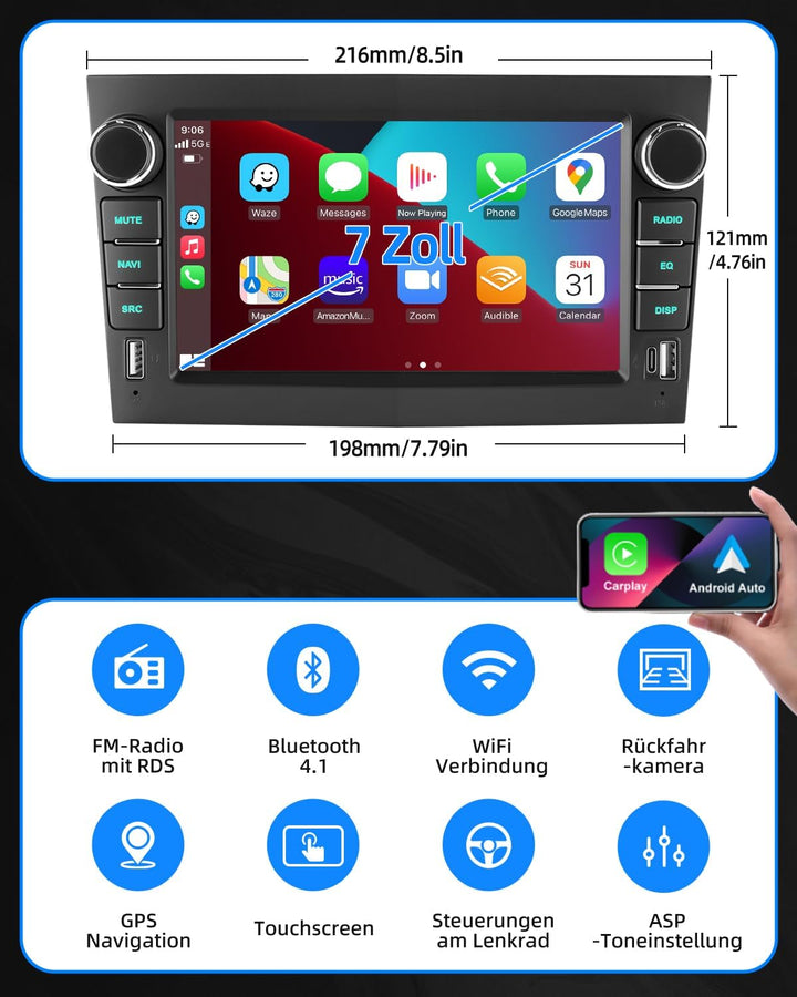 ESSGOO 4+64G Wireless Autoradio Android 14 mit Carplay und Android Auto Für Opel Corsa C/D Zafira B