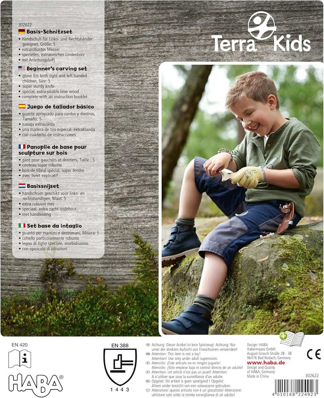 HABA Terra Kids Schnitzmesser – Taschenmesser-Set für Kinder ab 6 Jahren – inkl. Handschuhen, Schnit