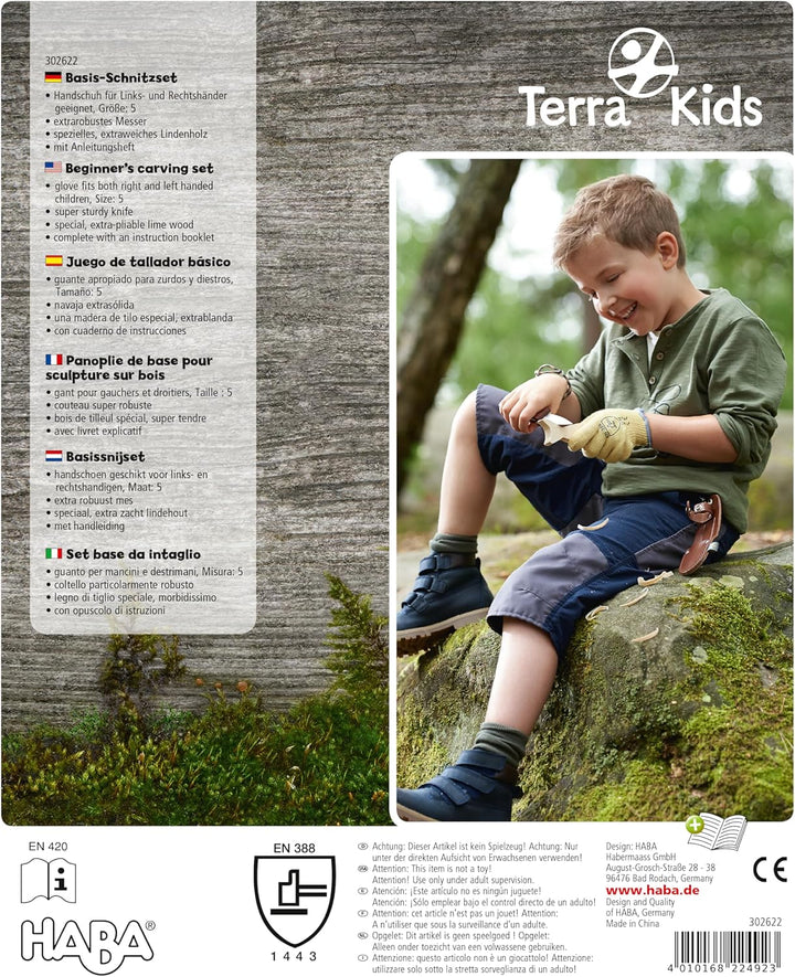 HABA Terra Kids Schnitzmesser – Taschenmesser-Set für Kinder ab 6 Jahren – inkl. Handschuhen, Schnit