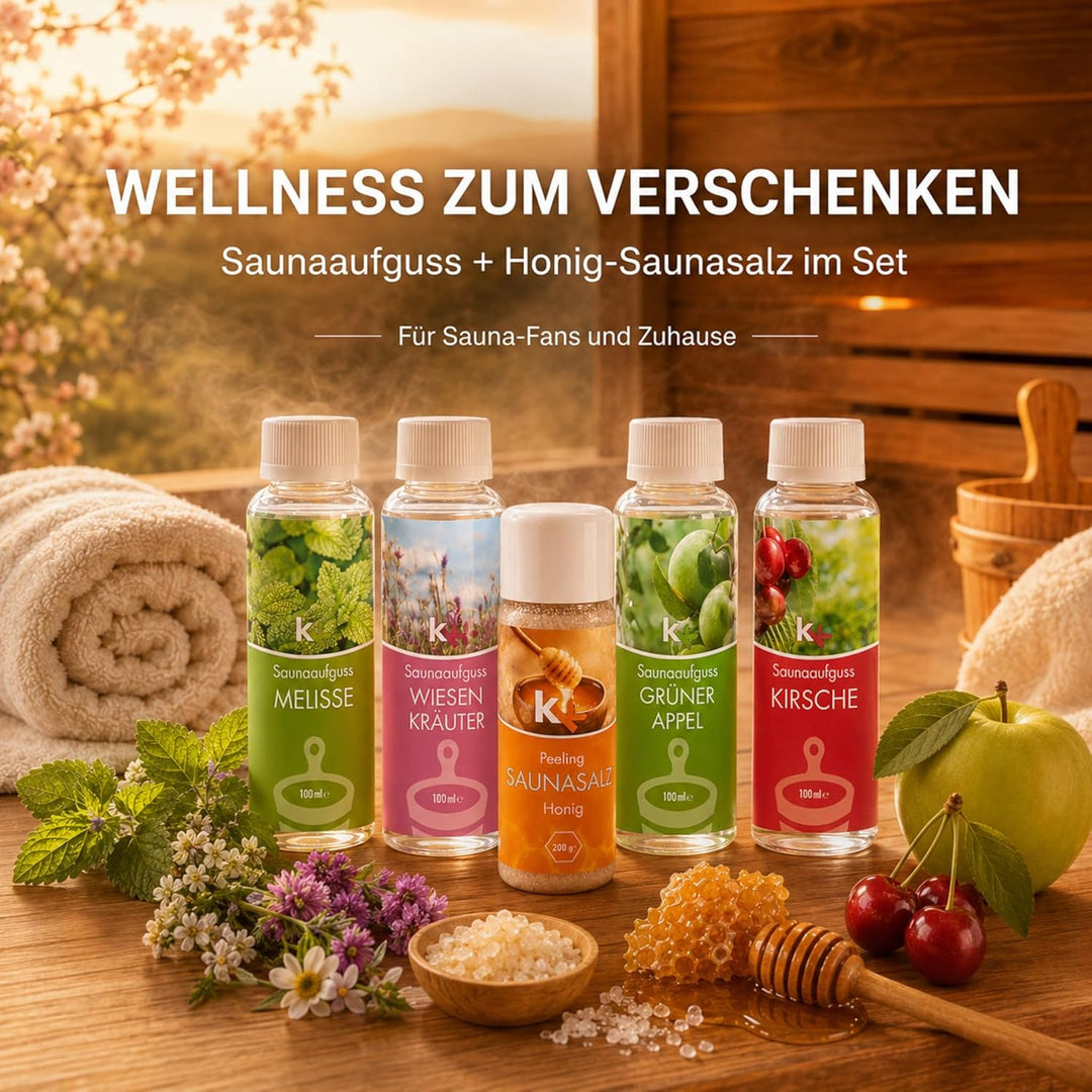 KK Sauna -Set mit Salz Peeling | KK Saunaaufgussset"Altes Land" 4 x 100 ml + 200 g KK Saunasalz"Honi