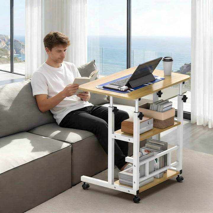 Huracan Mobiler Betttisch mit Rollen 40×80×56–82 cm, 3 Ablagen, Höhenverstellbar, H-Stahlrahmen Beso
