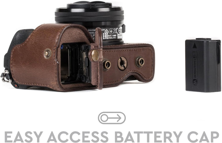 MegaGear Sony Alpha A6500 (16-50 mm) Ever Ready Leder Kamera-Case mit Trageriemen und Batteriezugang