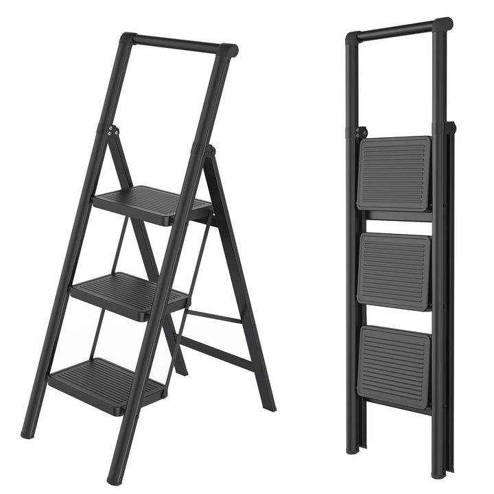 Aufun Trittleiter 3 Stufen, Klappleiter mit breitem Anti-Rutsch-Pedal, Mit Handlauf Haushaltsleiter