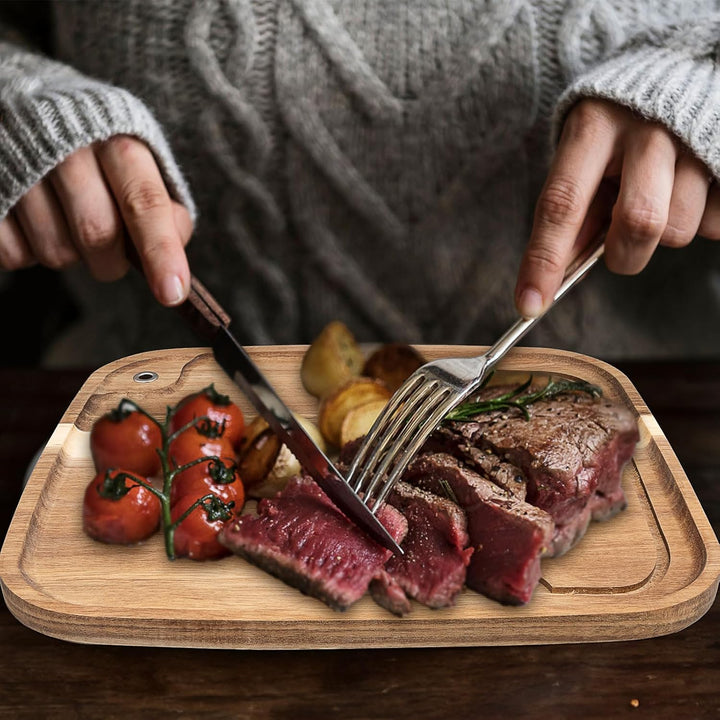 6er Set Steakbretter aus Akazienholz, Holz Steak Servierbrett mit Saftk, Küche Schneidebrett Steakte