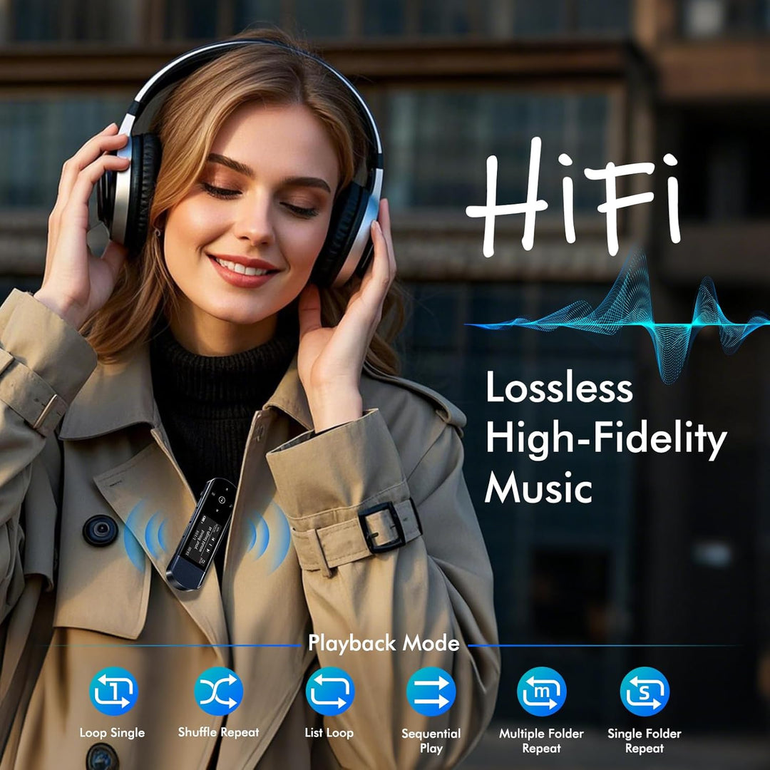 64GB Tragbarer USB MP3 Player mit Bluetooth 5.3, Clip für Sport & Laufen, FM Radio, Voice Recorder,