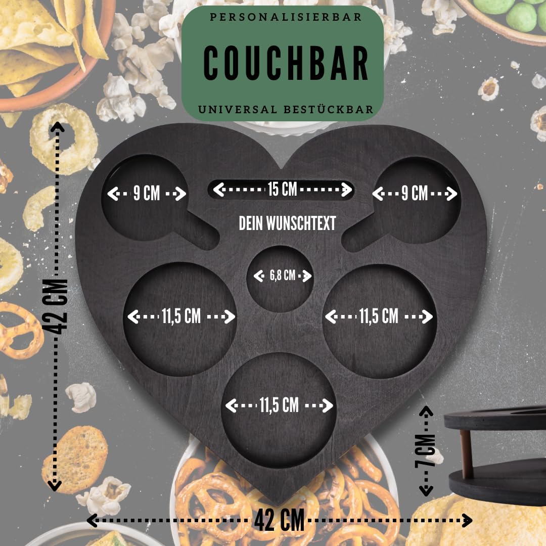 Herz Couchbar in Schwarz mit 4 Glasschalen - Sofatablett für Snacks & Getränke [stabil & sicher] Sna