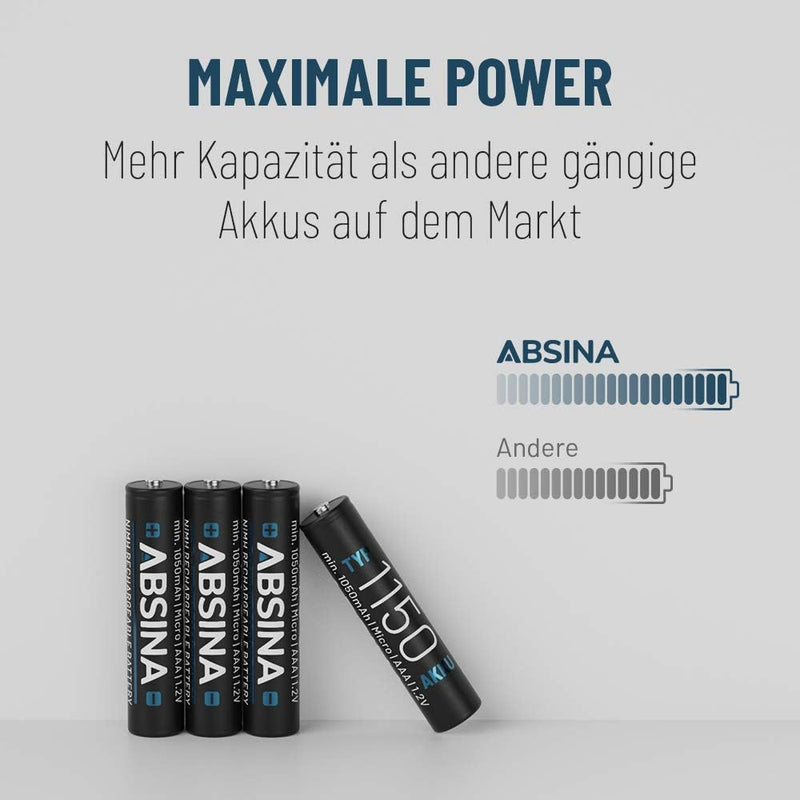 ABSINA AAA Akku 1150 NiMH 32er Pack - Akku AAA Micro mit 1,2V & min. 1050 mAh - AAA Akkus wiederaufl