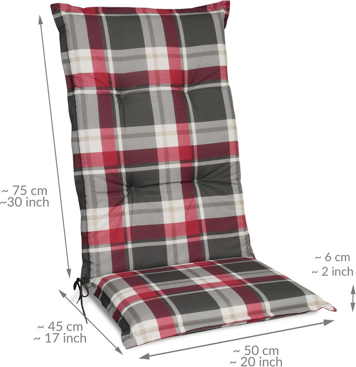 Beautissu 6er Set Hochlehner Auflagen Set Gartenstühle 120x50 cm Polster Rot Kariert – 6cm Dicke Pol