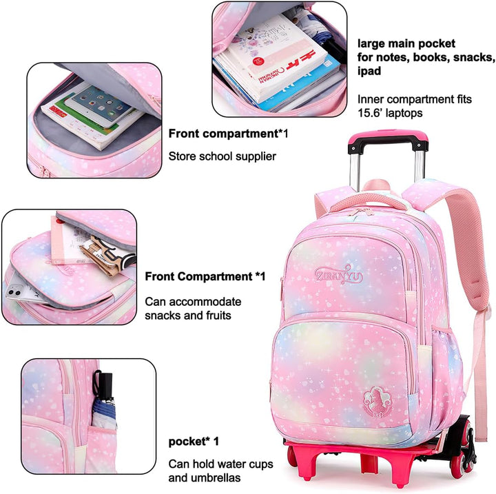 3PCS Schulrucksack Rollen Mädchen Trolley Rucksack mit Rollen Mädchen Teenager Schultasche Grundschu