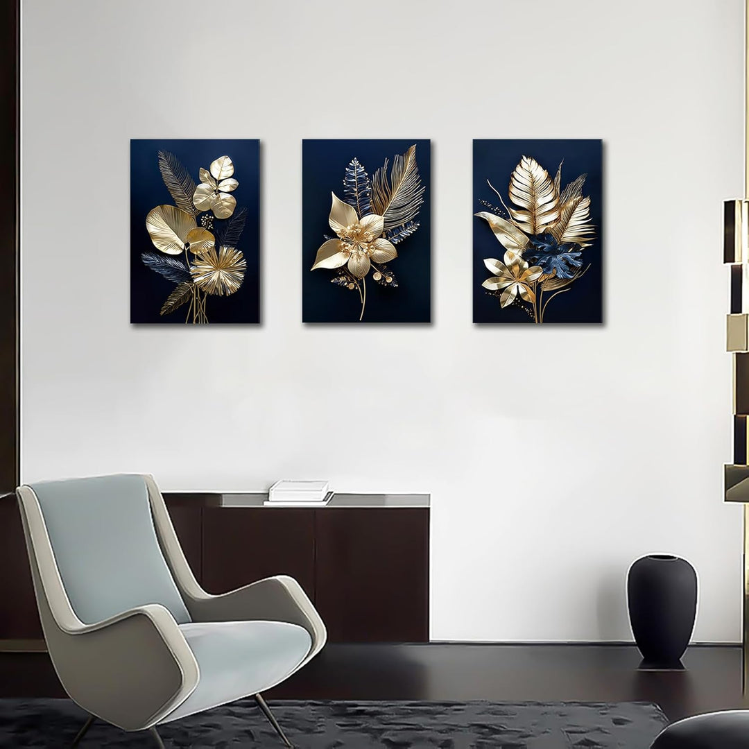 3 Panels 3D Marineblaue Goldblumen Mit Rahmen Leinwand Bilder Monstera Kokosnuss Blätter Bild auf Le