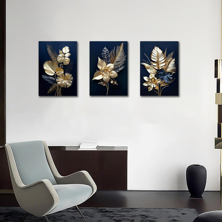 3 Panels 3D Marineblaue Goldblumen Mit Rahmen Leinwand Bilder Monstera Kokosnuss Blätter Bild auf Le