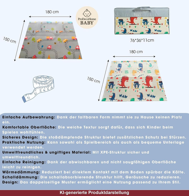 Krabbelmatte Baby, faltbar, doppelseitig, 150x180cm Dinosaurier und Autos | Kinder Spieldecke, Rutsc