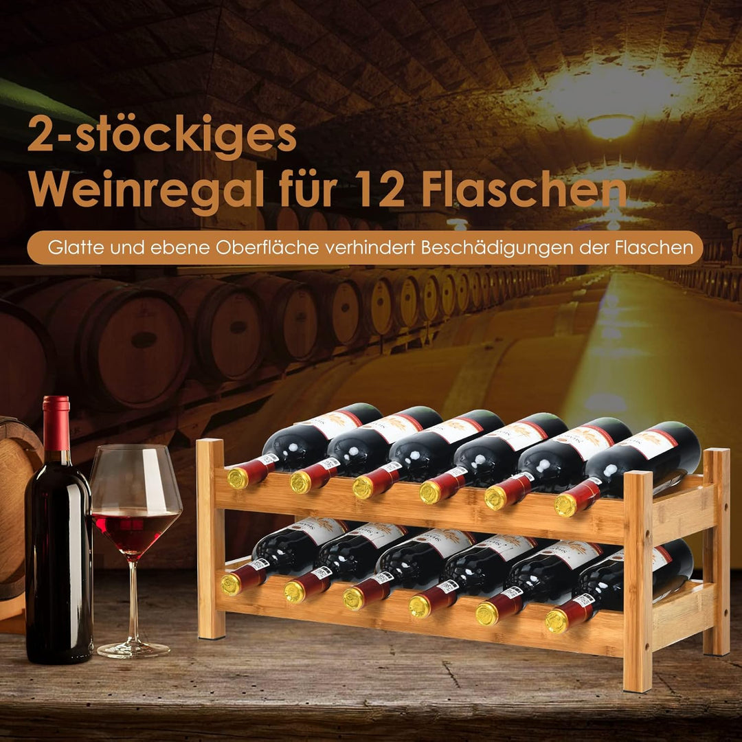 COSTWAY Weinregal für 12 Flaschen, Flaschenregal mit 2 Etagen, Flaschenhalter aus Bambus für Keller,