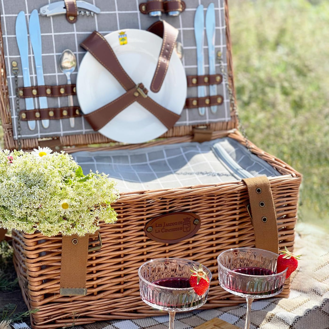 Les Jardins de la Comtesse - Picknickkorb aus Weidengeflecht Concorde - für 2 Personen, Kühlbox, Tel