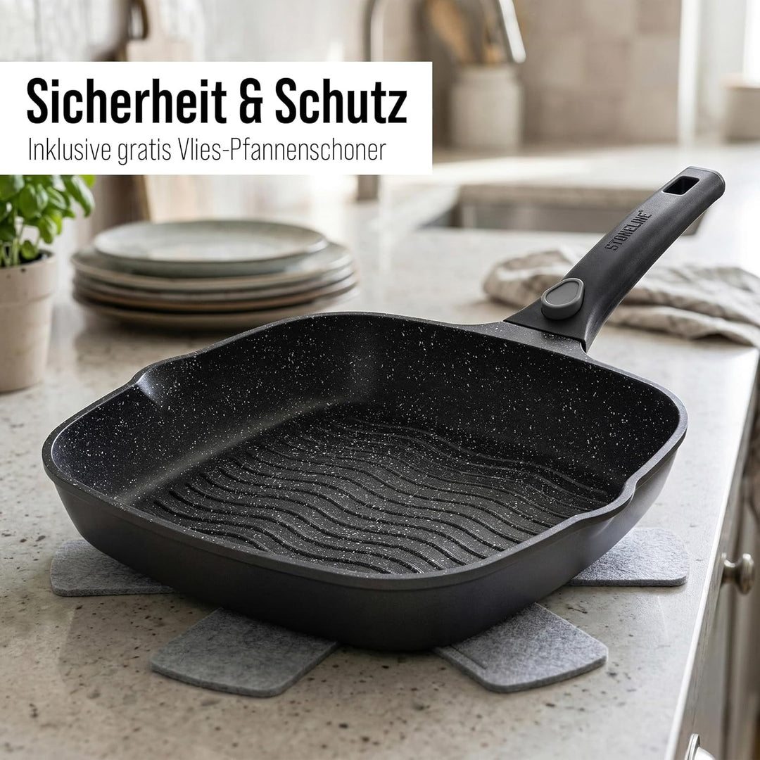 STONELINE SMART Grillpfanne 28 cm, Grosse Steak Pfanne Aluguss, Abnehmbarem Griff, Pfanne Induktion,