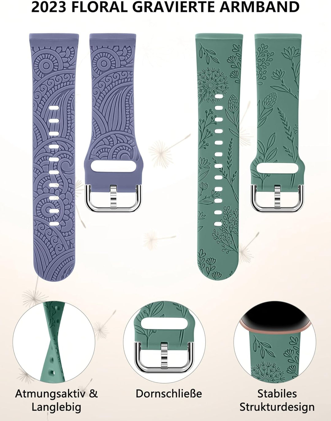 TOYOUTHS 2 Stück Floral Gravierte Armband kompatibel mit Fitbit Versa 4/Versa 3/Sense 2/Sense Armban