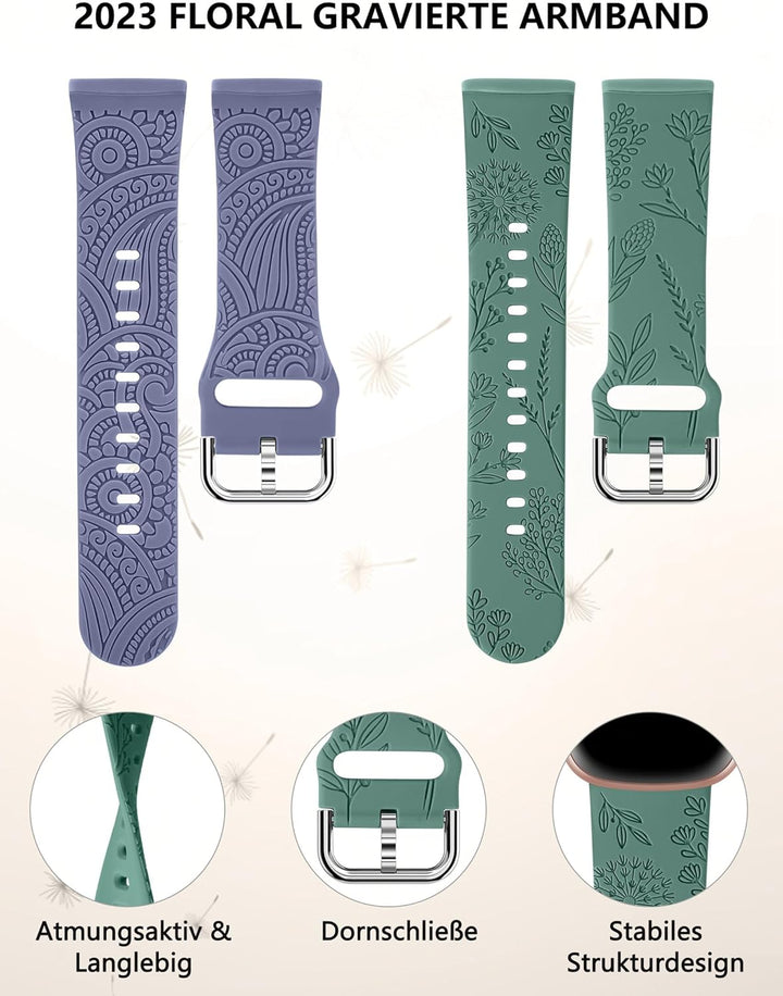 TOYOUTHS 2 Stück Floral Gravierte Armband kompatibel mit Fitbit Versa 4/Versa 3/Sense 2/Sense Armban