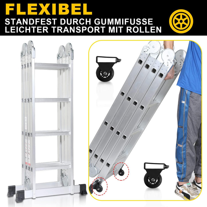 Ikodm 4x4 Stufen Mehrzweckleiter 4,7 m 7 in 1 Aluminium Multifunktionsleiter bis 150 kg mit 2 Transp