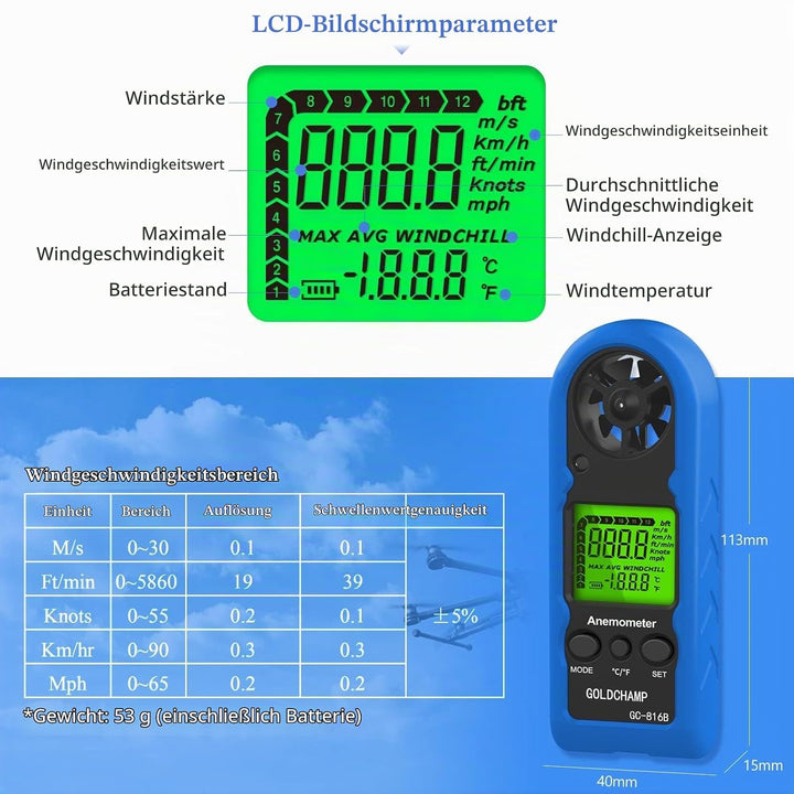Windmesser Windmessgerät Hand, Mini Digital Windgeschwindigkeitsmesser, Misst Temperatur, Max/Durchs