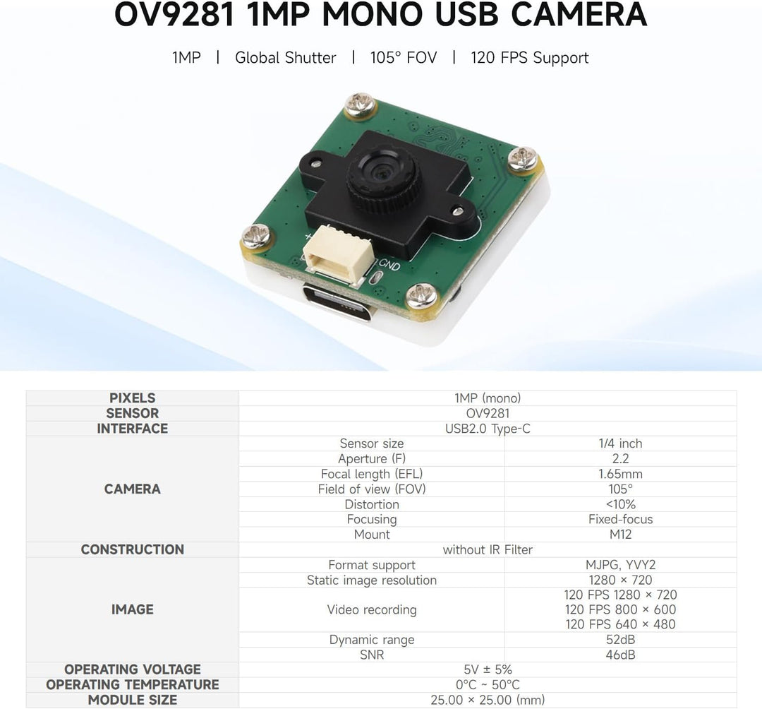 Waveshare OV9281 1MP Mono USB Camera (A), Supports 120FPS High Frame Rate Recording, Global Shutter