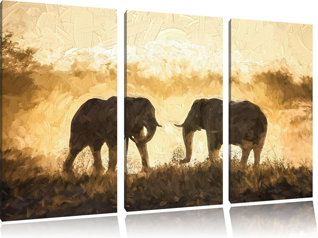 Pixxprint kämpfende Elefanten Kunst als Leinwandbild/Grösse: 3 Teilig (120x80 cm) cm/Wandbild/Kunstd