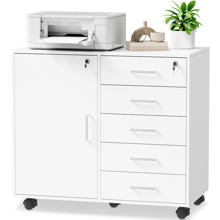 BEWISHOME Rollcontainer Schreibtisch mit 5 Schubladen, Aktenschrank Abschliessbar mit 5 Rollen, 1 Sc