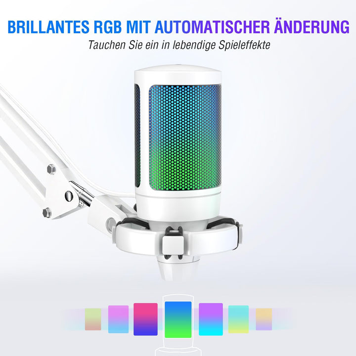 Fifine USB Mikrofon PC Gaming mit Arm, Microphone weiss für MAC PS4 PS5 mit Stummschalttaste, Popfil