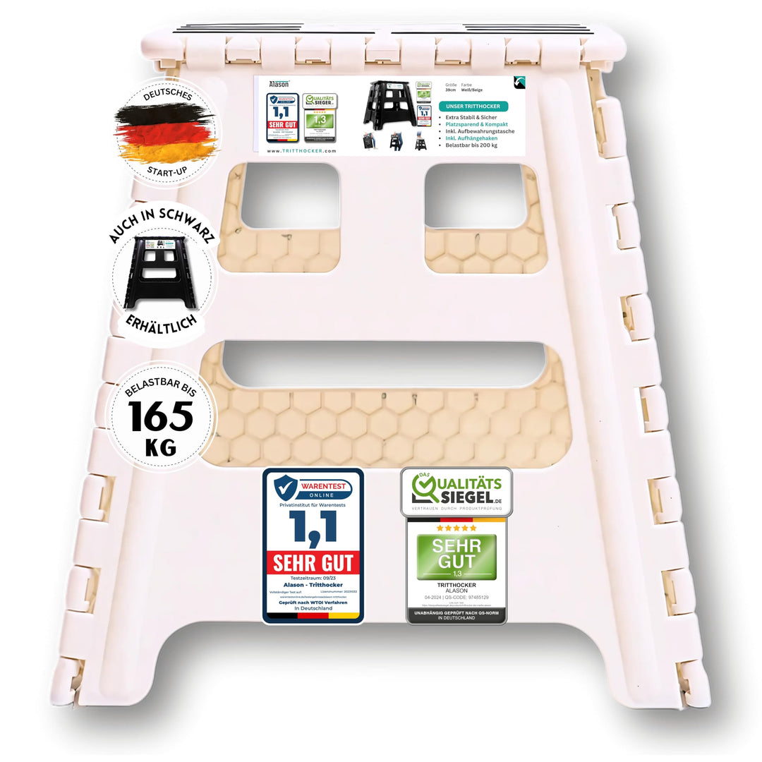 VERGLEICHSSIEGER - Alason® Tritthocker Klappbar 32 cm, Belastbar bis 165 kg – Mit Aufhängehaken & Au