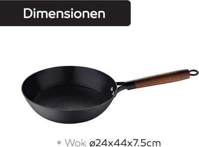 MasterPRO Odín Wok Sartén antiadherente 24 x 44 x 7,5 cm, hierro prensado, mango ergonómico de mader