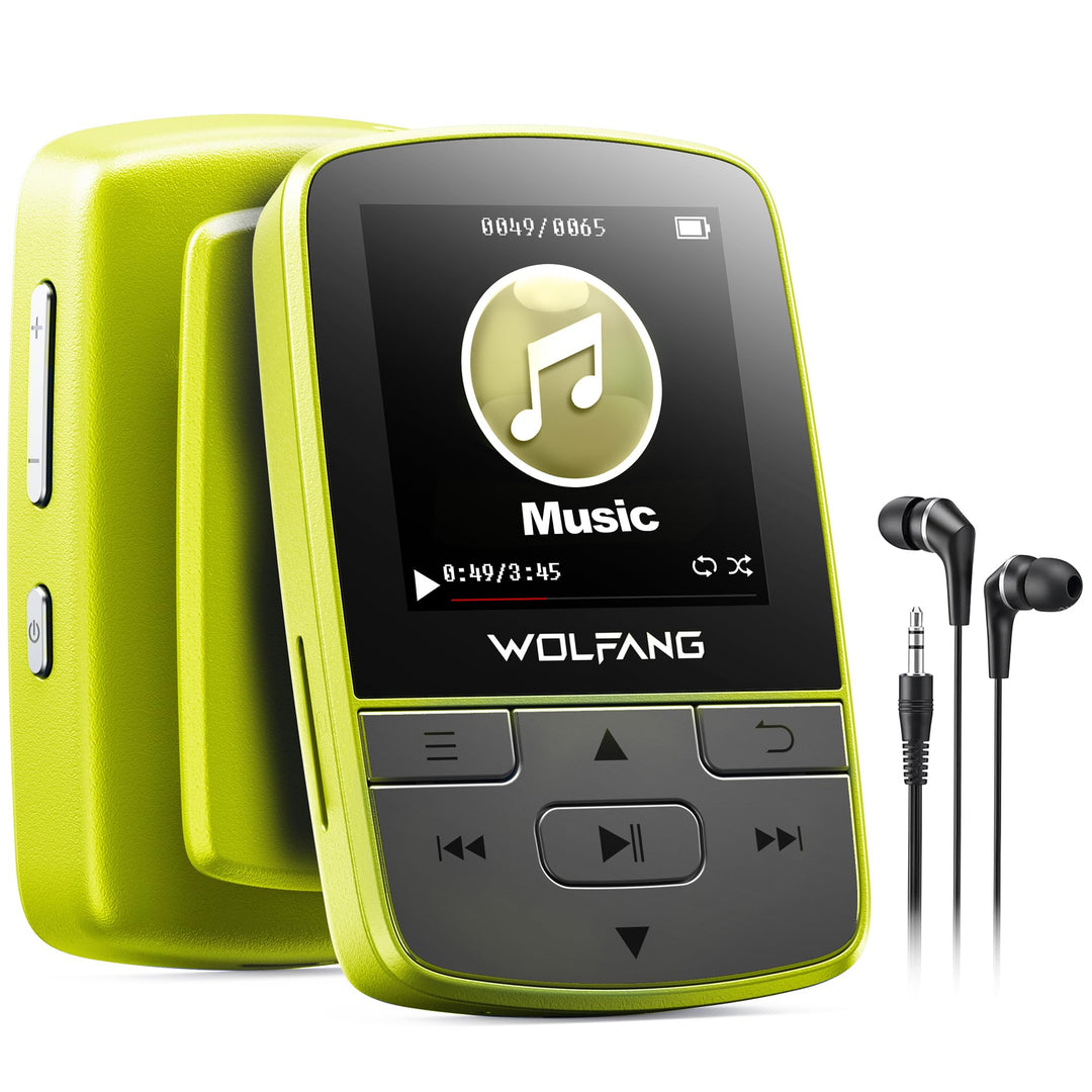 WOLFANG MP3-Player mit Bluetooth 5.2, Sportclip, Mini-Grösse, Gewicht 28,3 g, HiF-FM-Radio, Diktierg