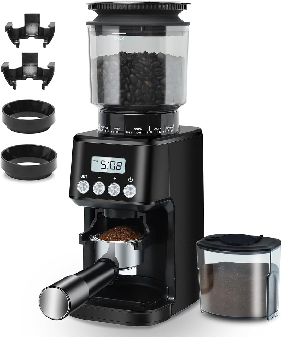 Homtone Kaffeemühle Elektrisch für Siebträger und Behälter, 51 Mahlstufen Kaffeemühle Siebträger Ele