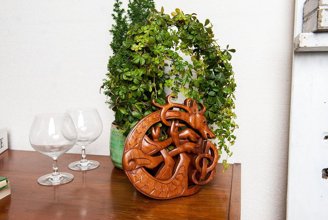 Windalf Celtic Irish Holzbild Wandornament CERNUN Ø 22 cm Keltischer Hirsch Wandrelief Keltische Kno