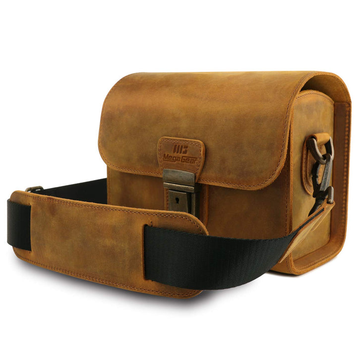 MegaGear Pebble Kameratasche - Kuriertasche aus echtem Leder für Spiegellose, Sofortbild- und DSLR K