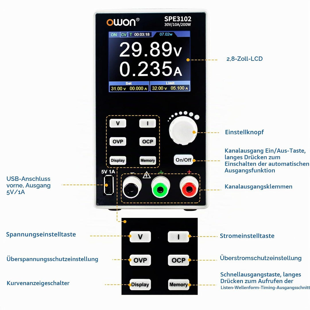 OWON SPE3102 Labornetzgerät 30v 10a,Netzgerät Regelbar mit Ausgang Aktivierbar/Deaktiviertaste Mini