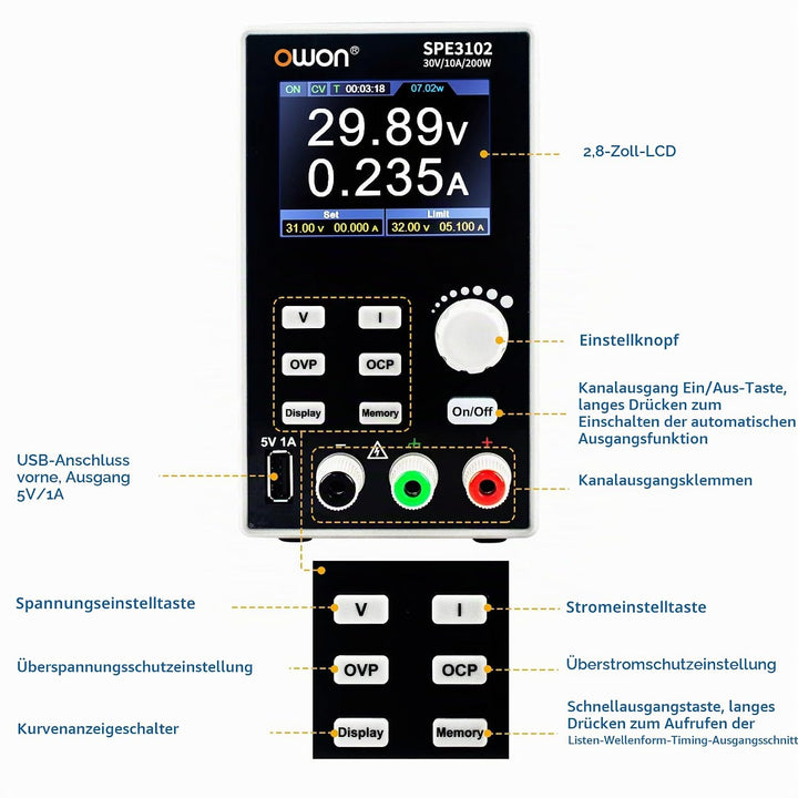 OWON SPE3102 Labornetzgerät 30v 10a,Netzgerät Regelbar mit Ausgang Aktivierbar/Deaktiviertaste Mini