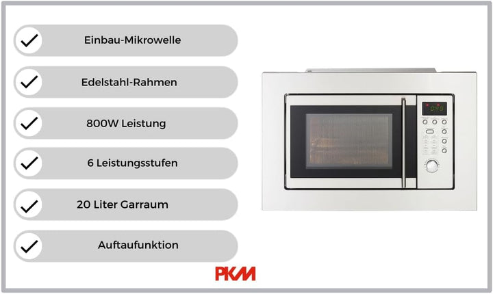 PKM Einbau-Mikrowelle MW800-20.8 EB | 20L Garraum| 800W | 5 Leistungsstufen | 8 Programme | Edelstah