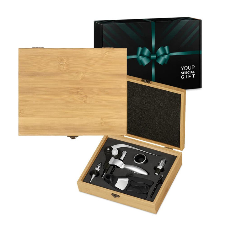 Maverton Weinöffner-Set Weinset Sommelier Set - Geschenkbox Holzbox + 6er Weinzubehörset - aus Bambu