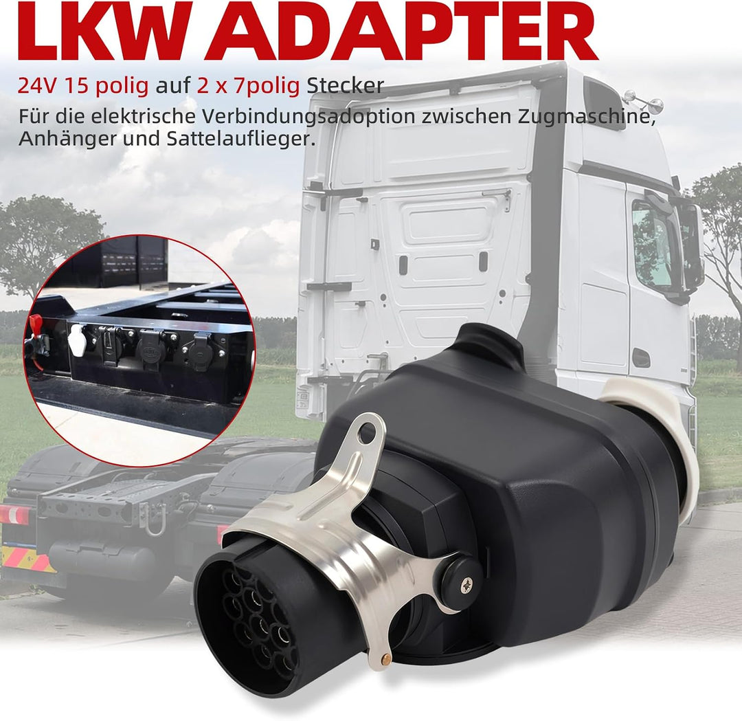 LKW Kurzadapter 24V – 15-p olig Steckdose auf 2X 7-polig Stecker Verteiler für Anhänger (15pol auf 2