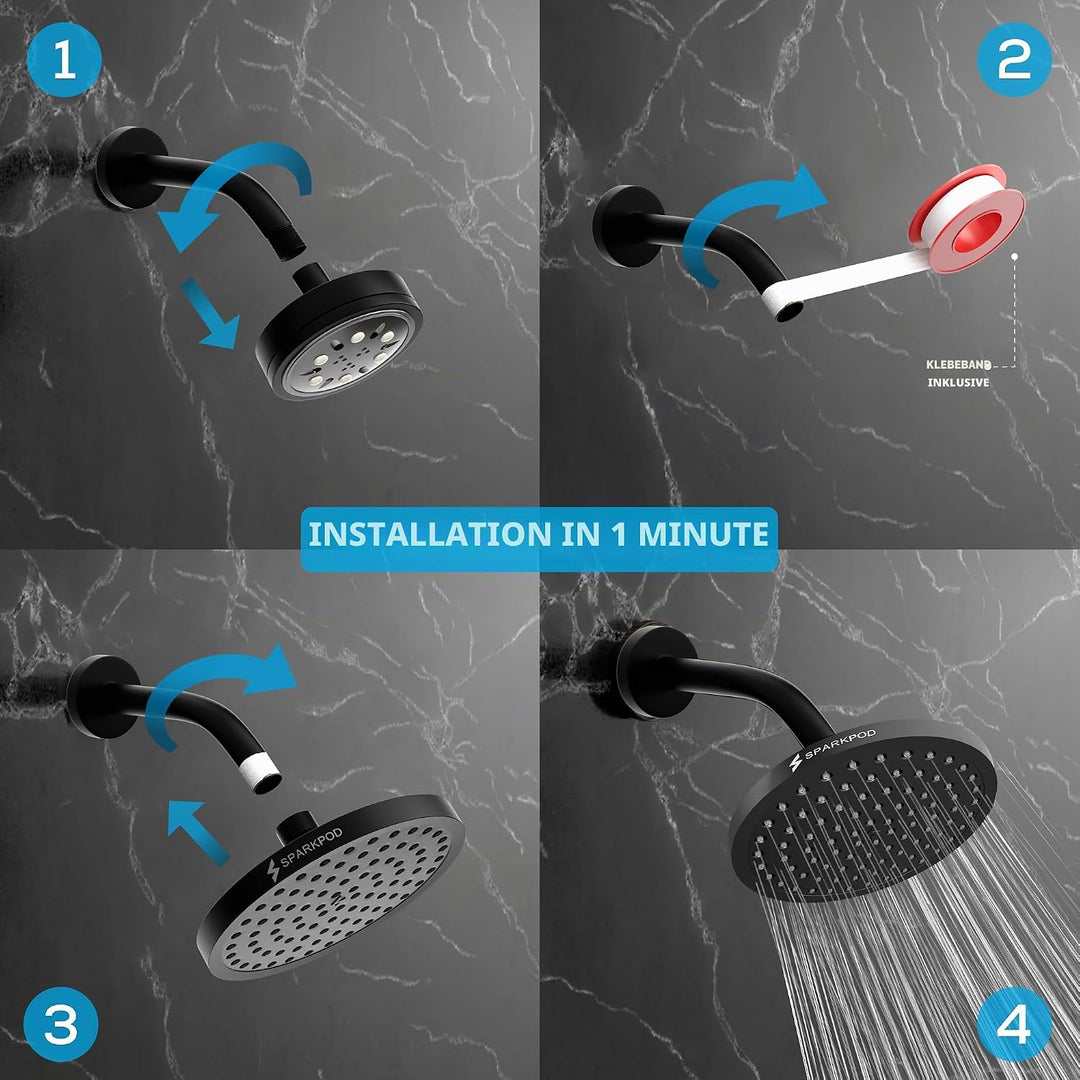 SparkPod Fixed Shower Head - High Pressure Rain - Luxury Modern Look - Easy Tool Free Installation -