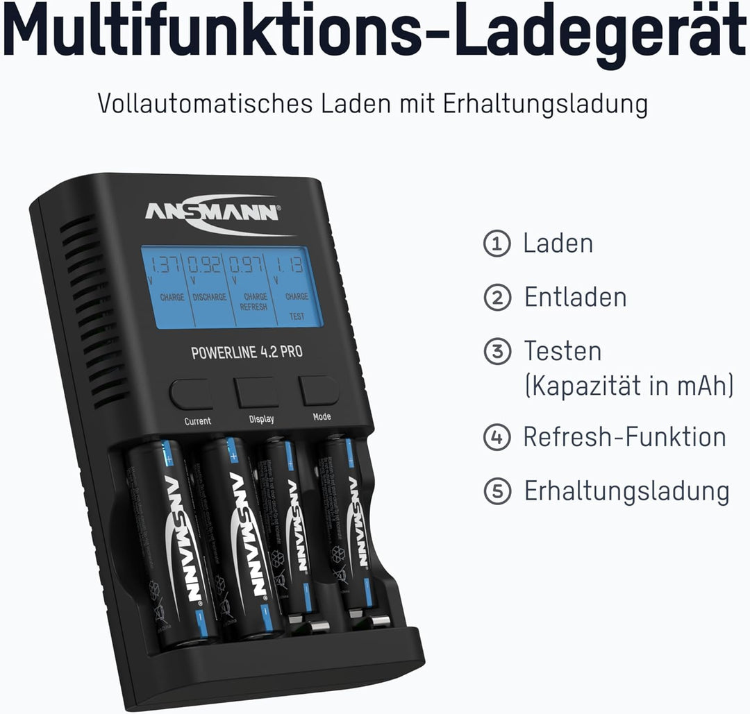 ANSMANN Batterieladegerät für 4X AA/AAA NiMH Akkus - Ladegerät mit 5 Ladeprogrammen: Laden, Entladen
