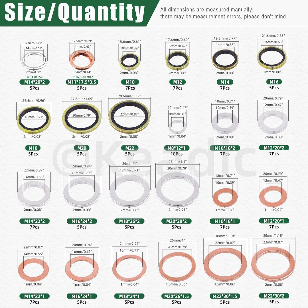 Keadic 143Pcs Ölablassschraube Dichtungen Unterlegscheiben Sortiment Set, 11026-01M02, N0138157 Öl Q