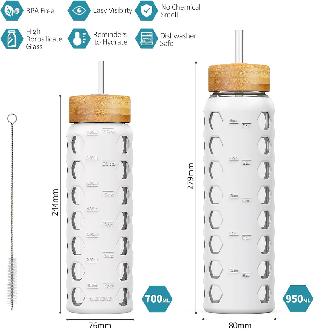 700ML Glaswasserflasche mit 2 Deckel Flip und Bambusstroh Deckel Sport Wasserbecher mit Zeiterinneru