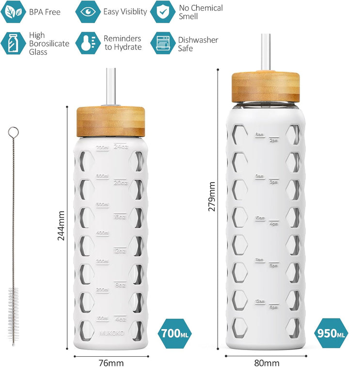 700ML Glaswasserflasche mit 2 Deckel Flip und Bambusstroh Deckel Sport Wasserbecher mit Zeiterinneru
