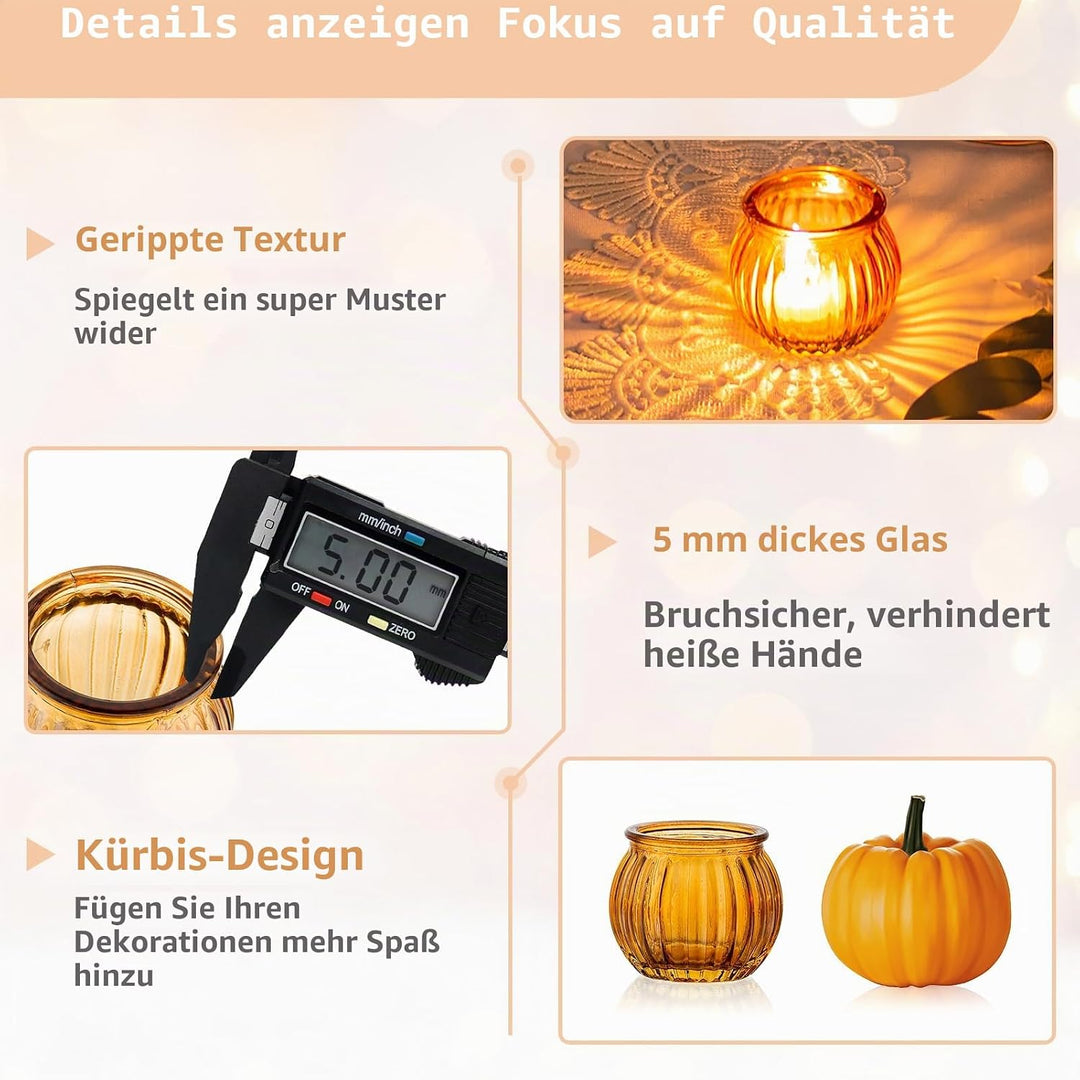NUPTIO Teelichthalter Teelichtgläser Kürbis Glas - 24 Stück Bernstein Votivkerzenhalter Weihnachten